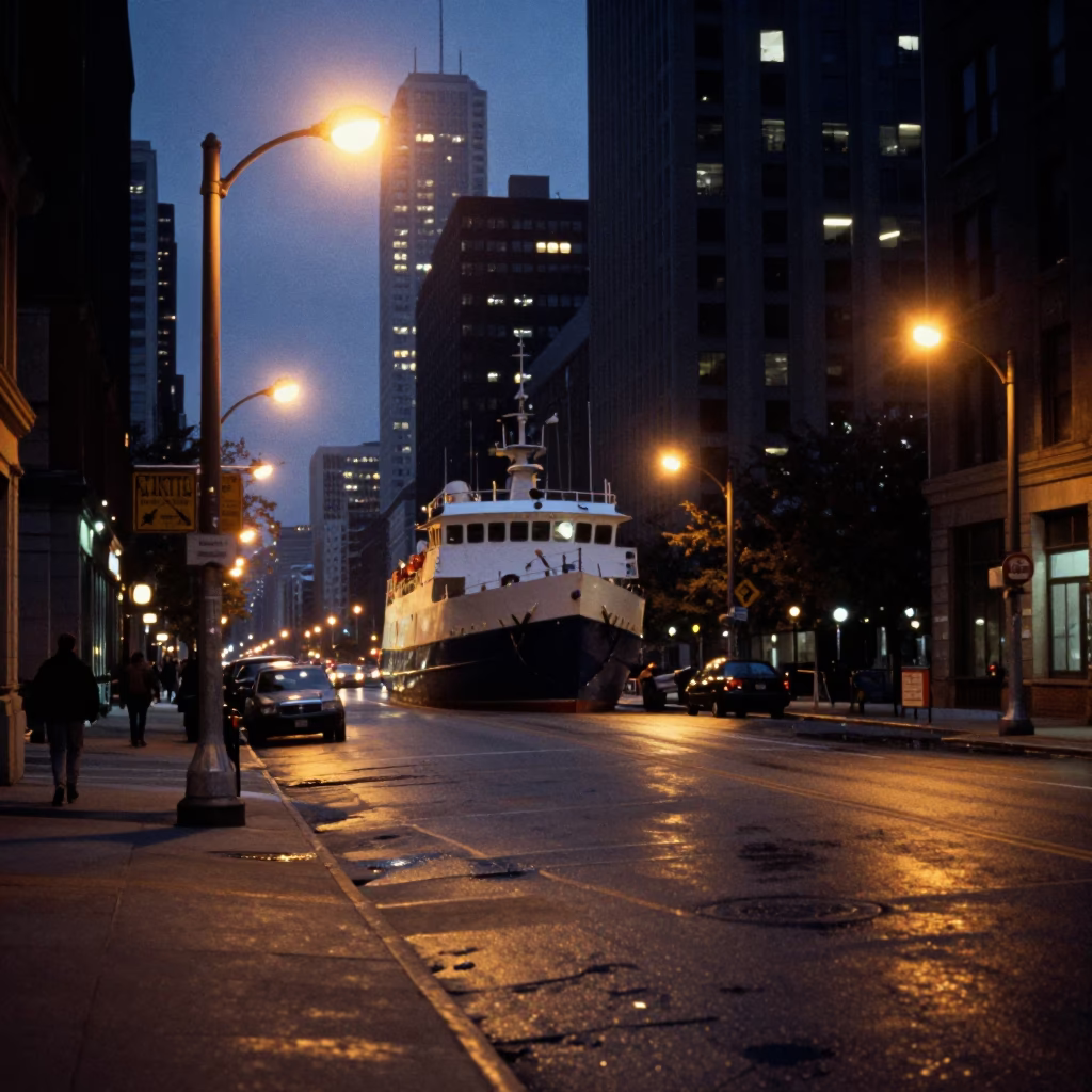 Predawn Chicago Street Scene with Research Vessel and City Lights in in Chicago, Illinois, United States