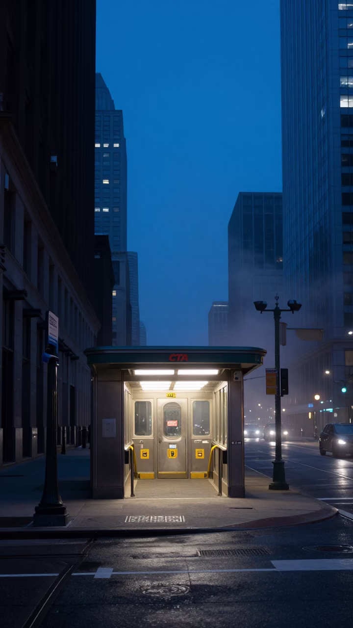 Predawn Chicago Street Scene with Steam Haze and Urban Architecture in in Chicago, Illinois, United States