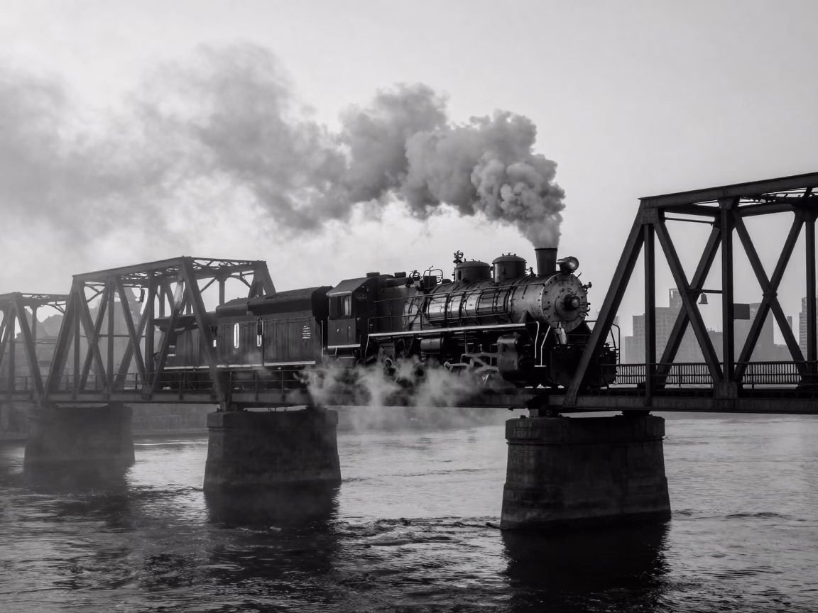 Predawn Chicago Street Scene with Steam Locomotive Crossing Bridge Over Dark Water in in Chicago, Illinois, United States