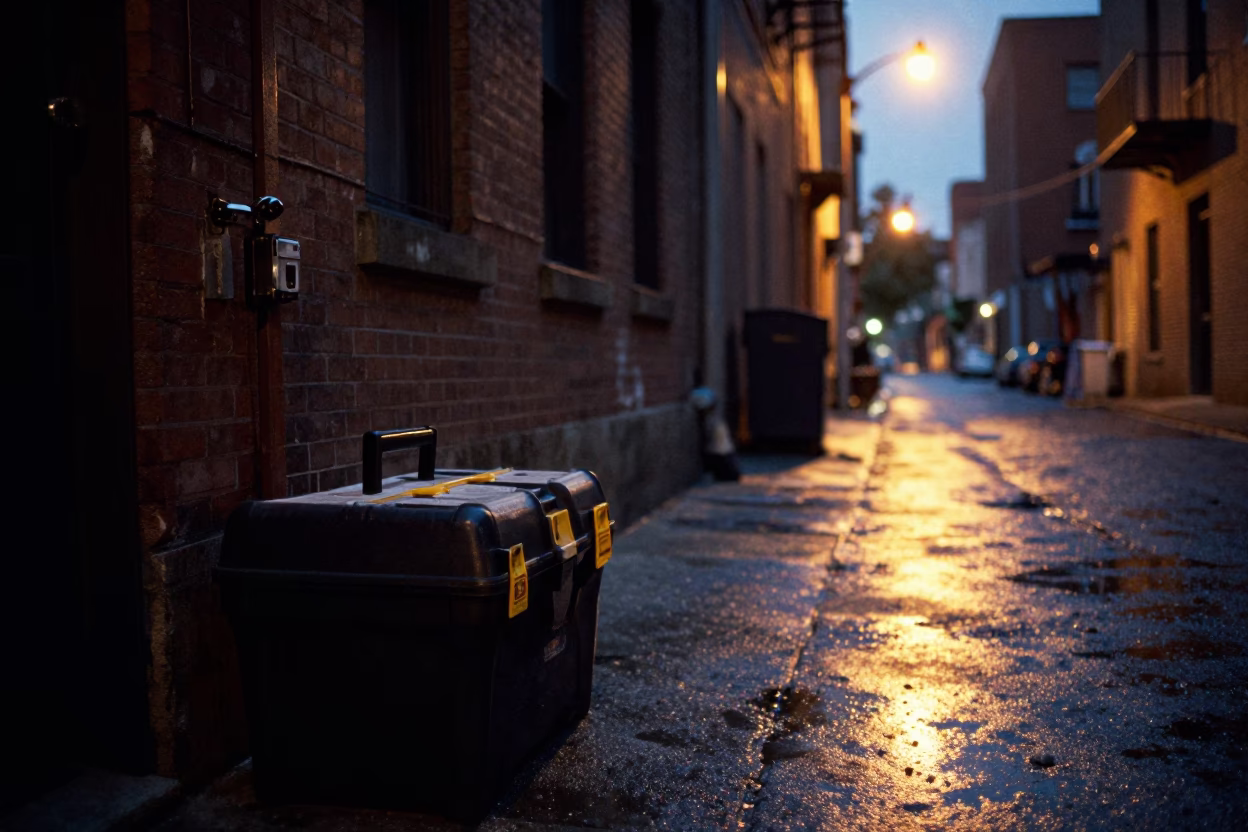 Predawn Chicago Street Scene with Toolbox and Deadbolt Lock in in Chicago, Illinois, United States