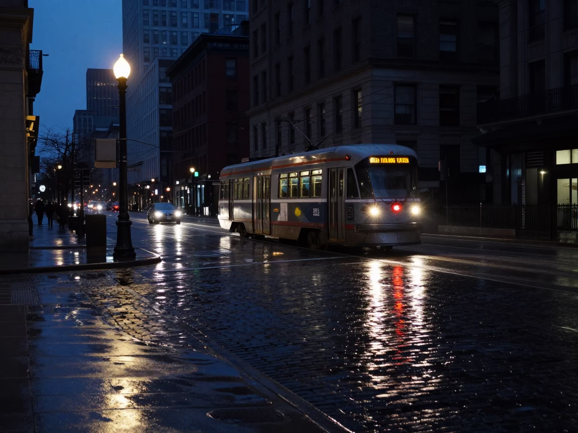Predawn Chicago Street Scene with Tramcar Reflection on Wet Cobblestones in in Chicago, Illinois, United States