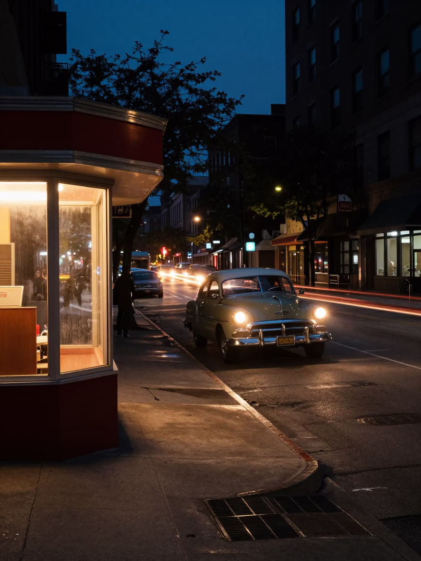 Predawn Chicago Street Scene with Vintage 1950s Car Headlights and Coffee Vendor in in Chicago, Illinois, United States