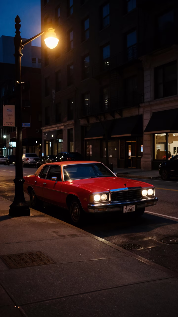 Predawn Chicago Street Scene with Vintage Car and Urban Architecture in in Chicago, Illinois, United States