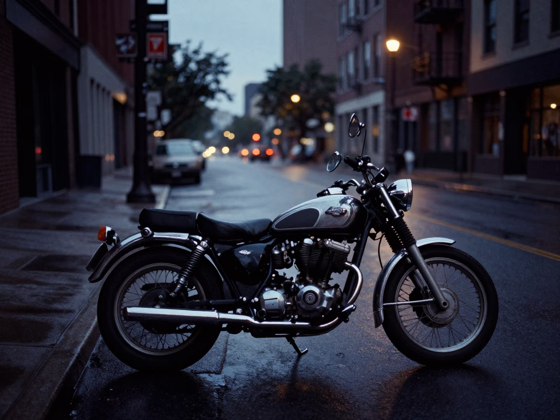 Predawn Chicago Street Scene with Vintage Motorcycle and Urban Infrastructure in in Chicago, Illinois, United States