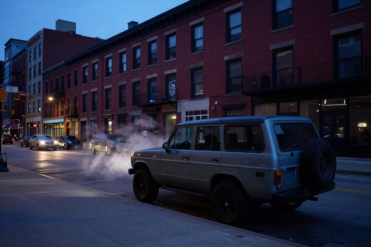 Predawn Chicago Street Scene with Vintage SUV and Steam Vent in in Chicago, Illinois, United States