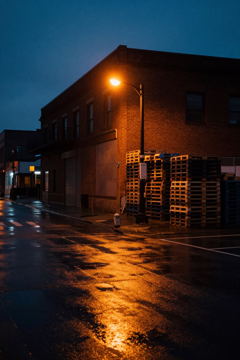 Predawn Chicago Street Scene with Warehouse Aisle Pallets and Urban Infrastructure in in Chicago, Illinois, United States