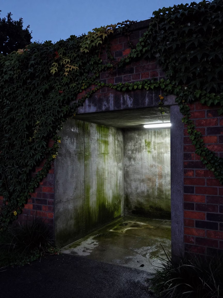 Predawn Christchurch Floodgate Chamber with Ivy Climbing Brick Wall in in Christchurch, New Zealand