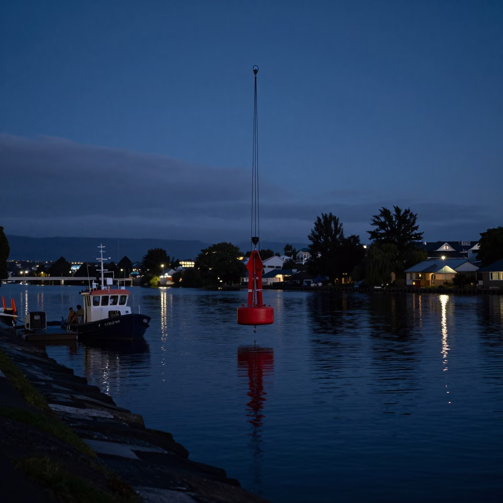 Predawn Christchurch New Zealand Hydrophone Buoy Craned Over Still Water in in Christchurch, New Zealand