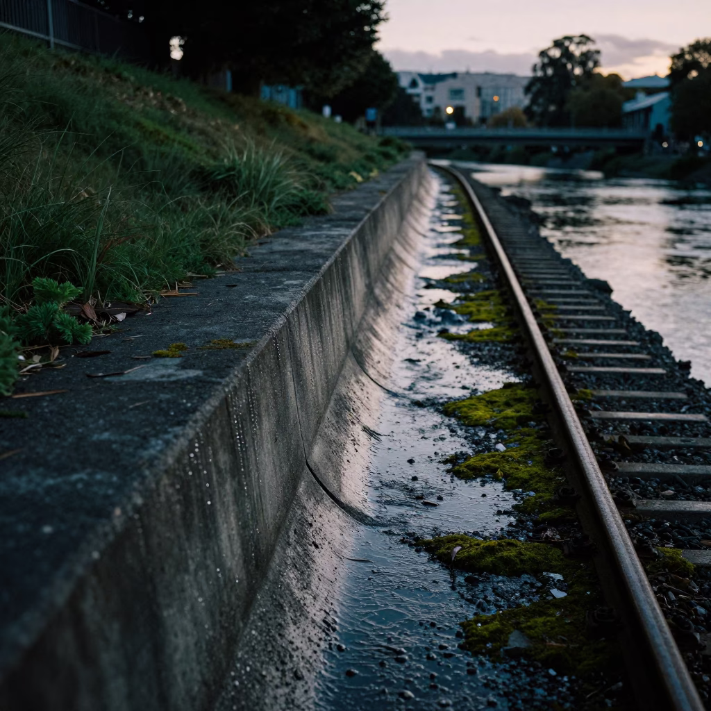 Predawn Christchurch Riverbank Concrete Drip and Mossy Railway Track in Early Morning Darkness in in Christchurch, New Zealand