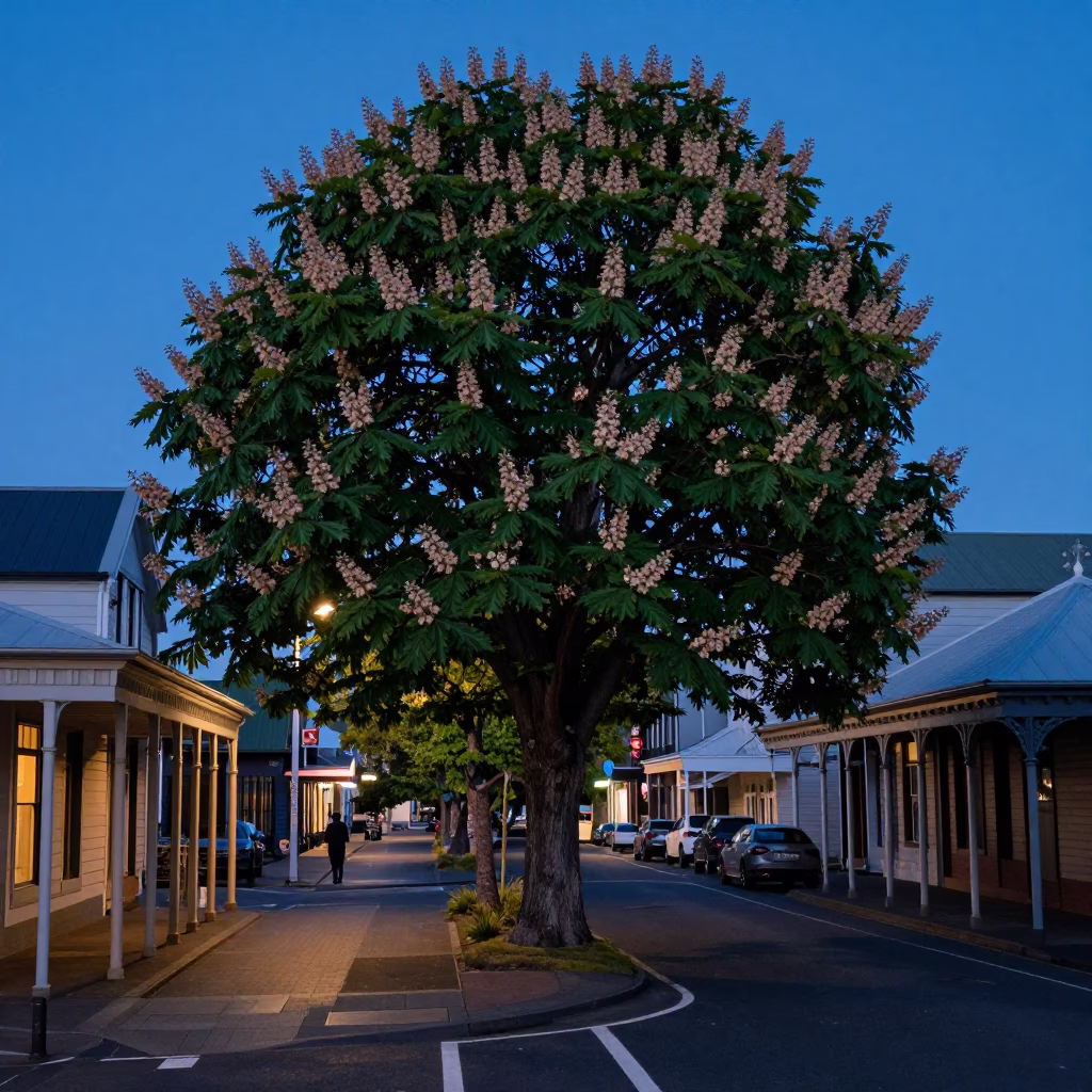 Predawn Christchurch Street Scene with Chestnut Tree and Vintage 1960s Motorcycle in in Christchurch, New Zealand