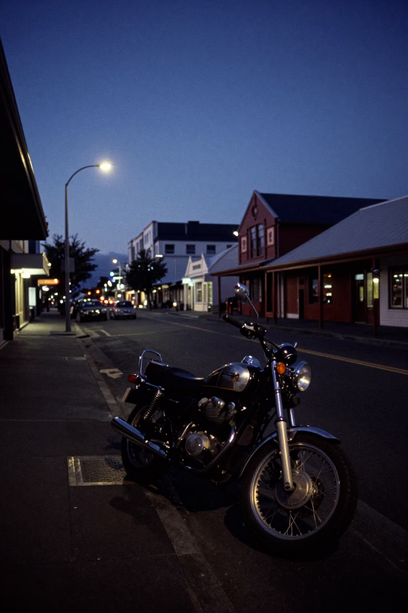 Predawn Christchurch Street Scene with Motorcycle and Urban Architecture in in Christchurch, New Zealand