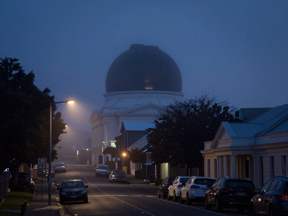 Predawn Christchurch Street Scene with Observatory Dome and Fog in in Christchurch, New Zealand