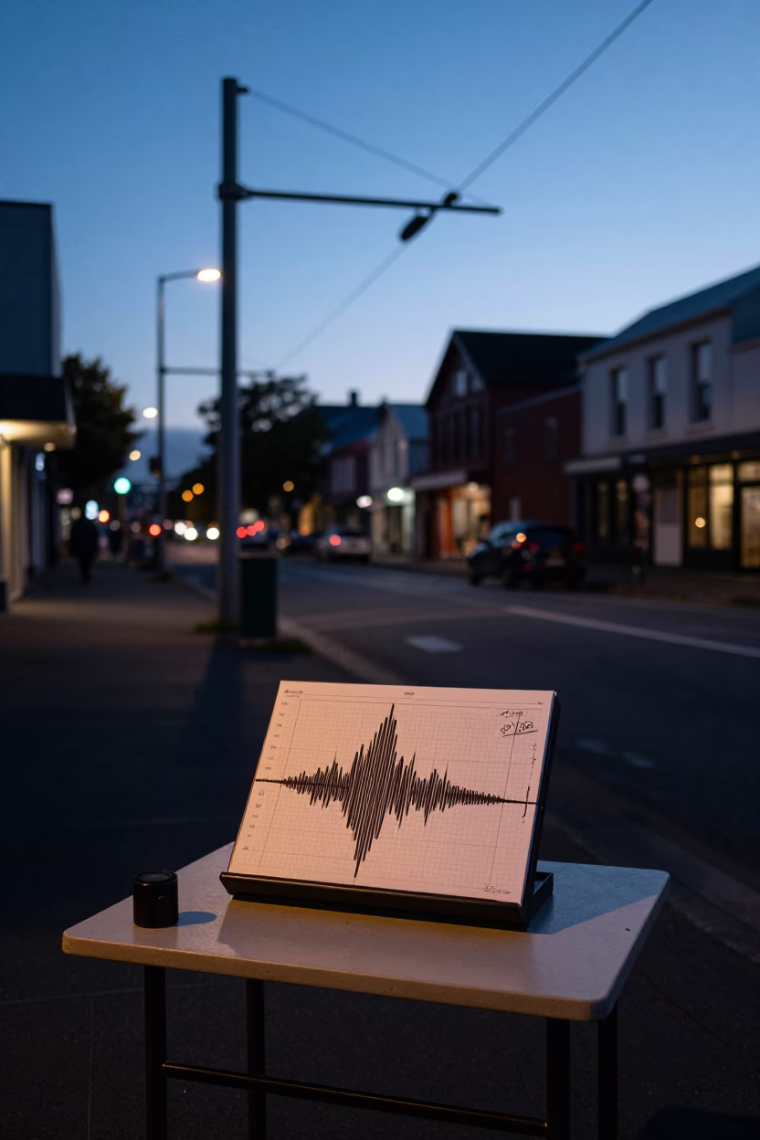 Predawn Christchurch Street Scene with Seismograph and Rail Catenary Fog in in Christchurch, New Zealand