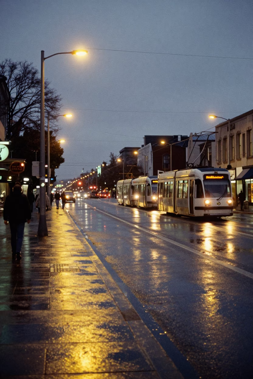 Predawn Christchurch Street Scene with Tram and Neon Lights in New Zealand in in Christchurch, New Zealand