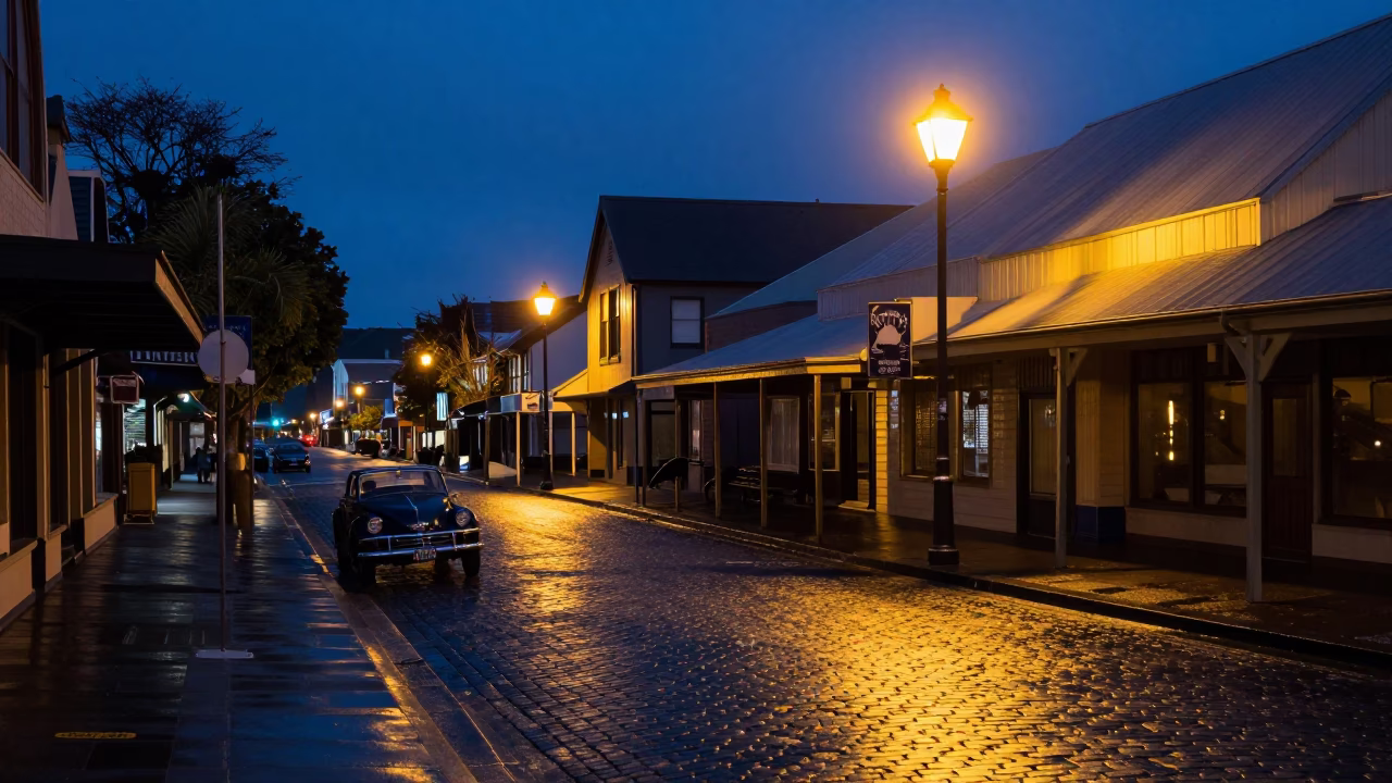 Predawn Christchurch Street Scene with Vintage Car and Streetlamp Reflections in in Christchurch, New Zealand
