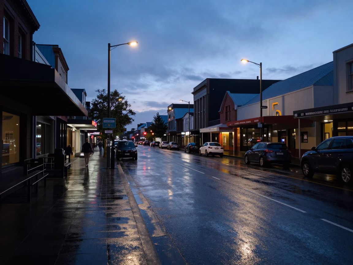 Predawn Christchurch Street Scene with Wet Asphalt and Neon Reflections in New Zealand in in Christchurch, New Zealand