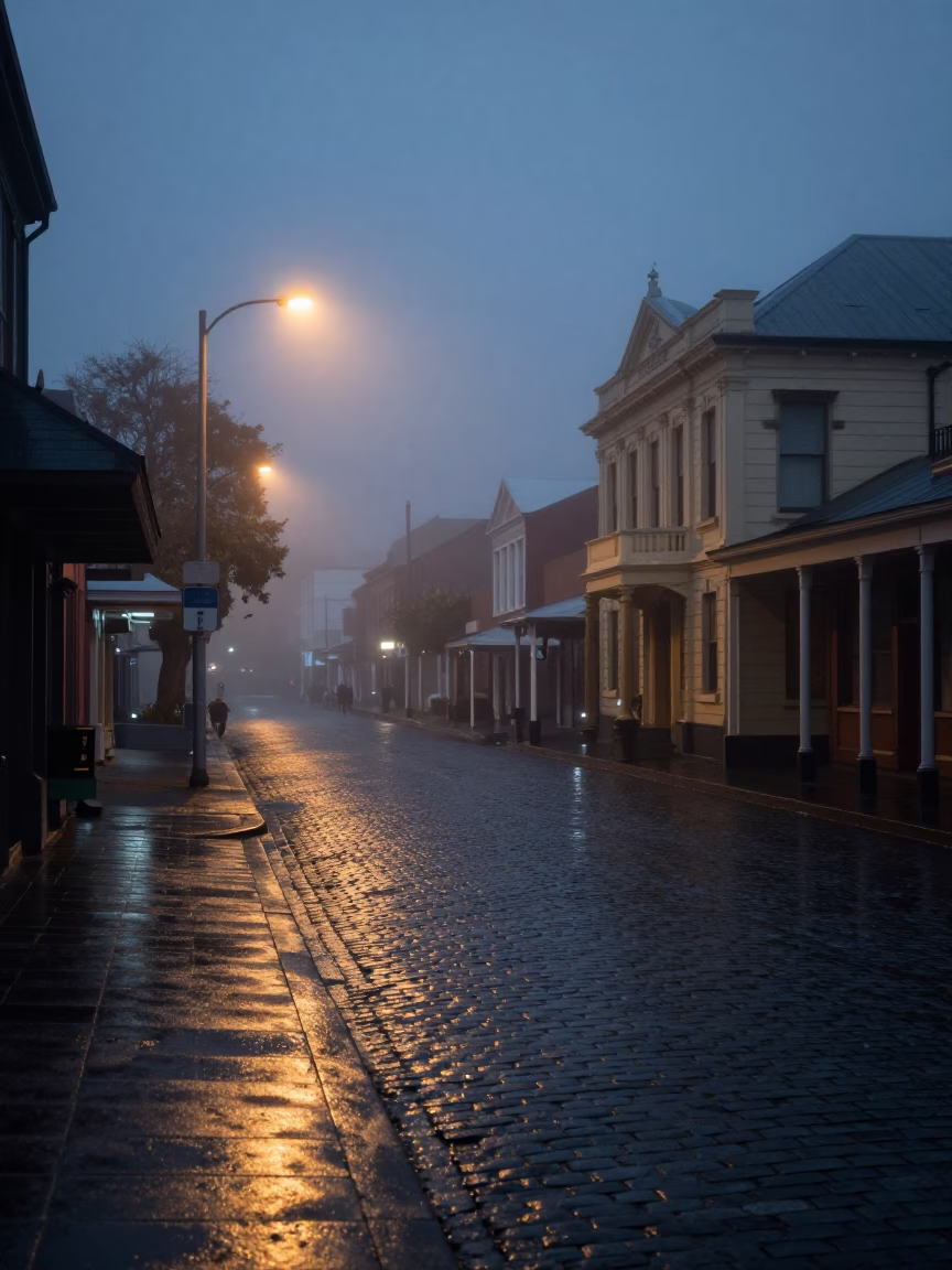 Predawn Christchurch Street Scene with Wet Cobblestones and Vintage Bicycle Rack in in Christchurch, New Zealand