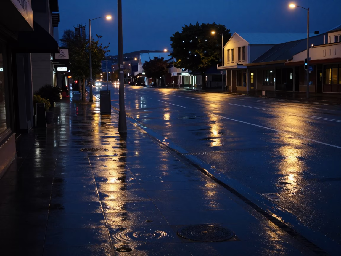 Predawn Christchurch street scene with wet pavement reflections and urban details in in Christchurch, New Zealand