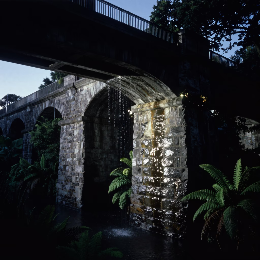 Predawn Christchurch Viaduct Undercroft Dripping Water on Ferny Stone in New Zealand in in Christchurch, New Zealand