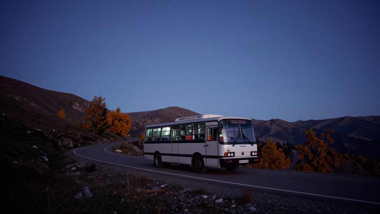 Predawn Classic Bus on Almaty Mountain Highway in near Almaty