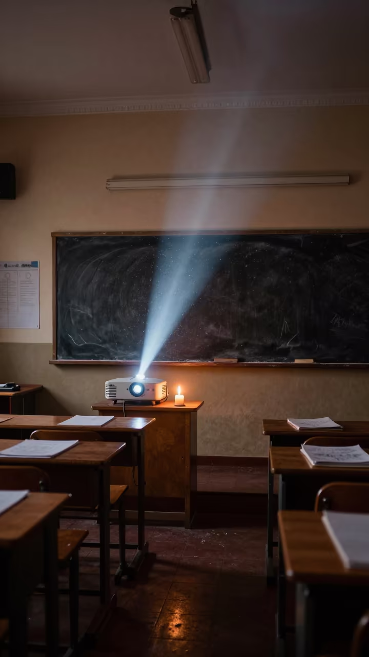 Predawn Classroom Light Cuts Through Dust on Blackboard in inside an art classroom near Mekele