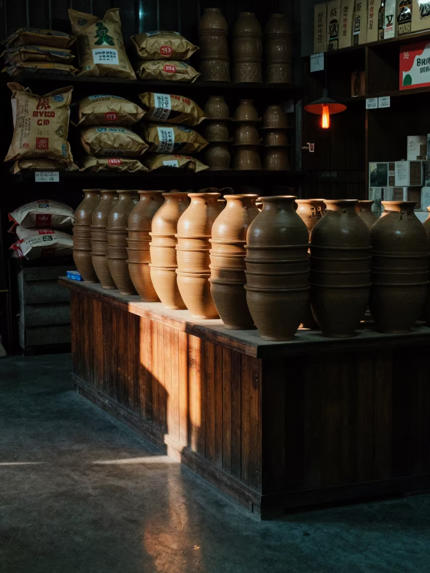 Predawn Clay Wares on Grocer Counter in on a grocer's counter with stacked paper sacks in Taoyuan County