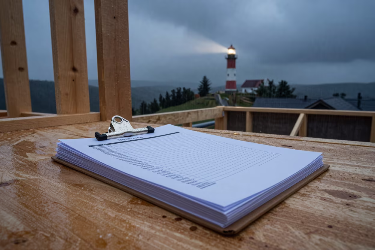 Predawn Clipboard Stack in Transylvanian Rain in beside a framed building shell in Transylvania