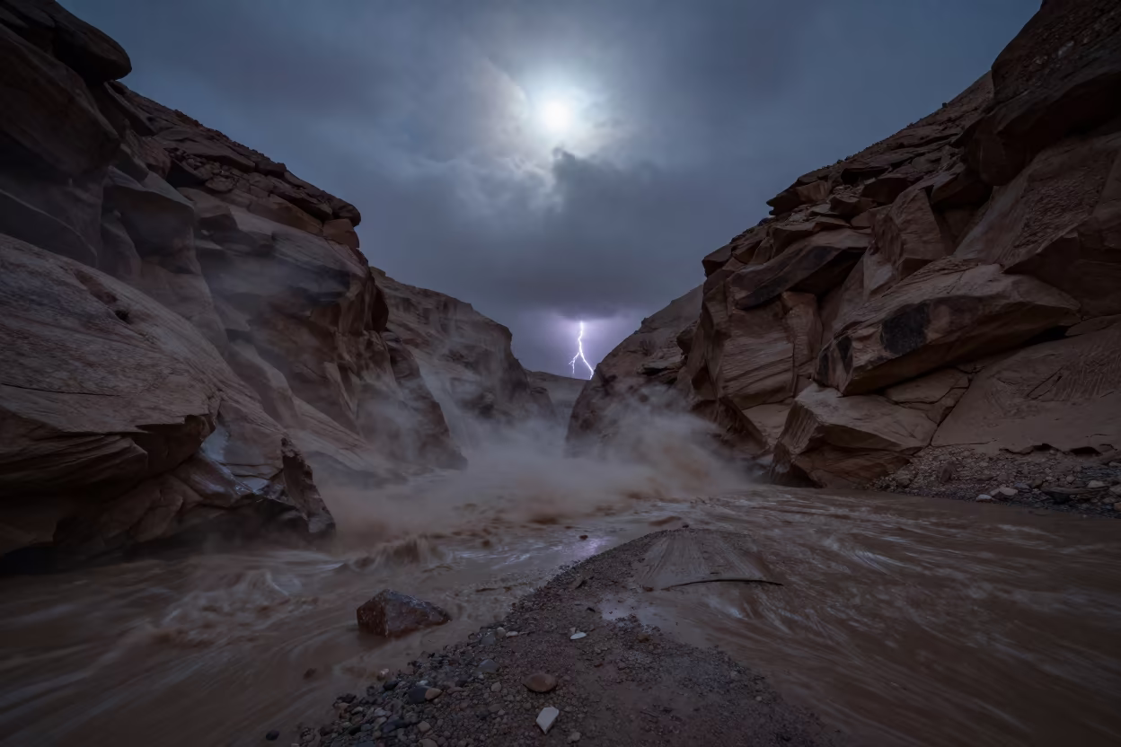 Predawn Cloudburst Over Desert Canyon Near Riyadh in beneath fast-moving cloud bands near Riyadh