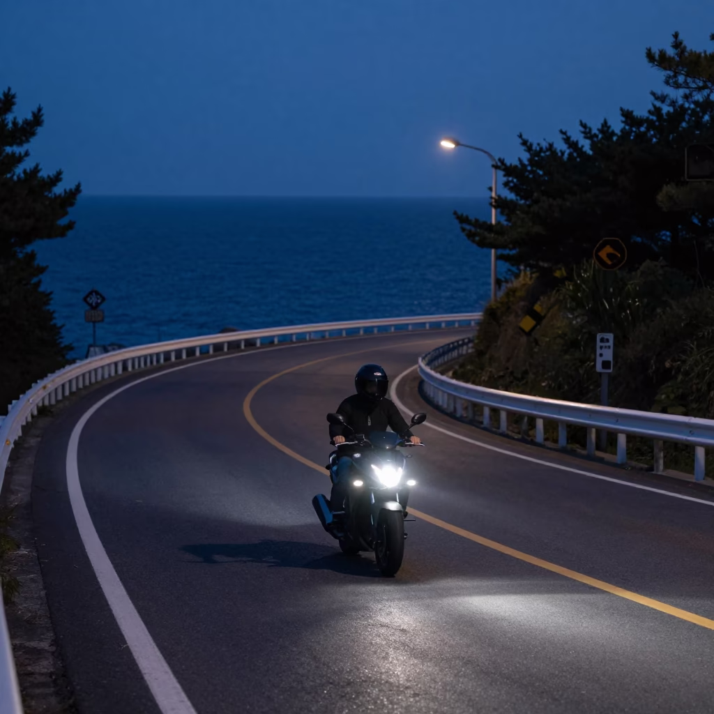 Predawn Coastal Highway Motorcycle in Busan South Korea Realistic Street Photography in in Busan, South Korea