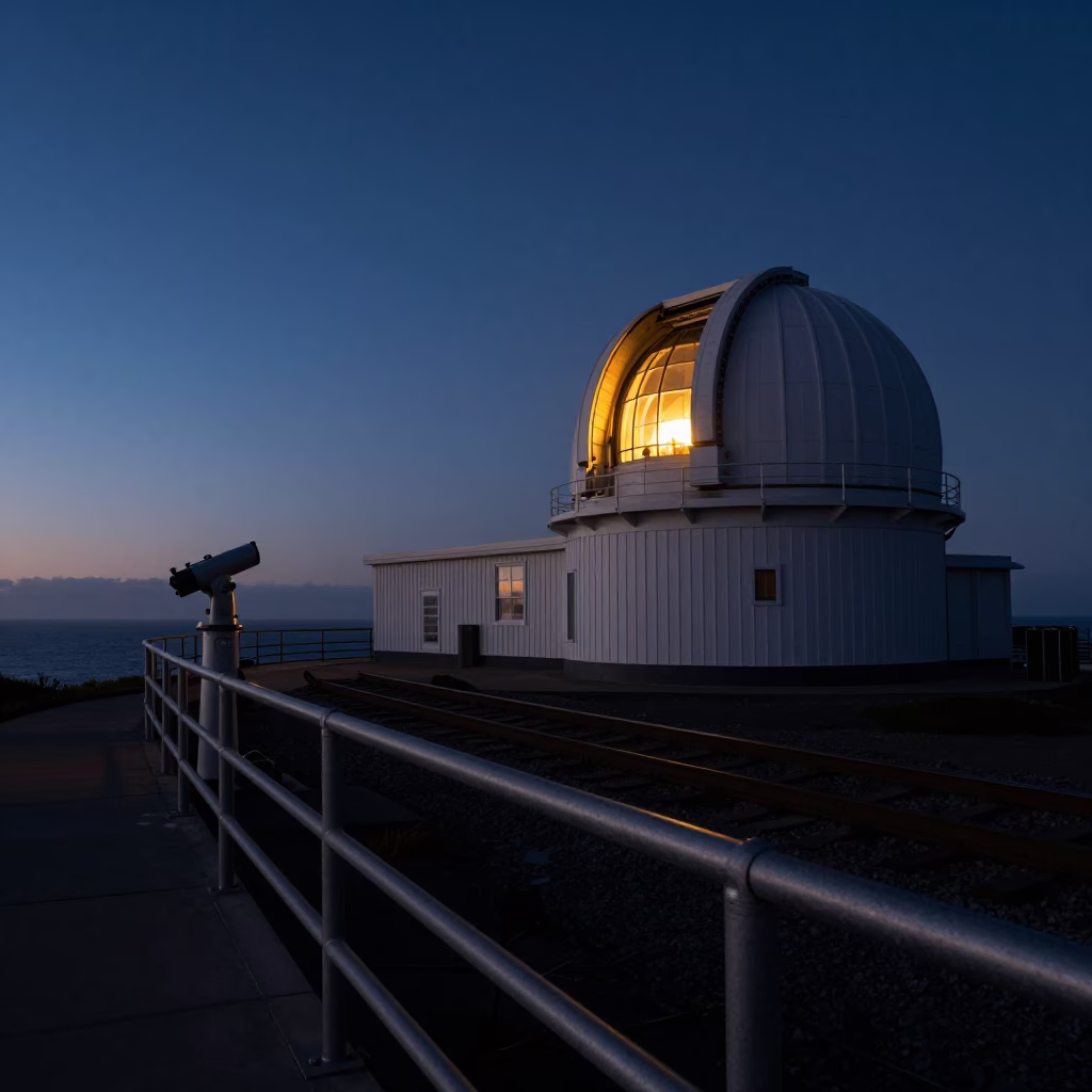 Predawn Coastal Light Illuminating San Diego Observatory Rail and Telescope Dome Opening in in San Diego, California, United States
