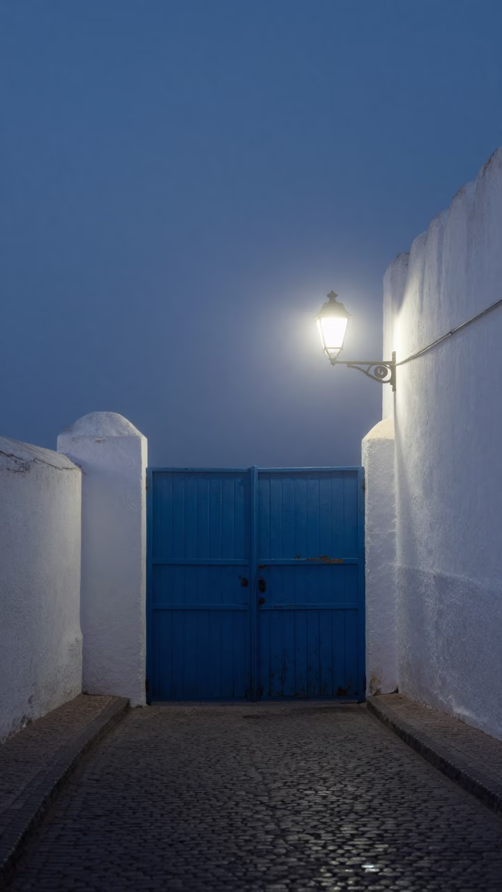 Predawn Coastal Mist and Weathered Blue Gates in Essaouira Morocco in in Essaouira, Morocco