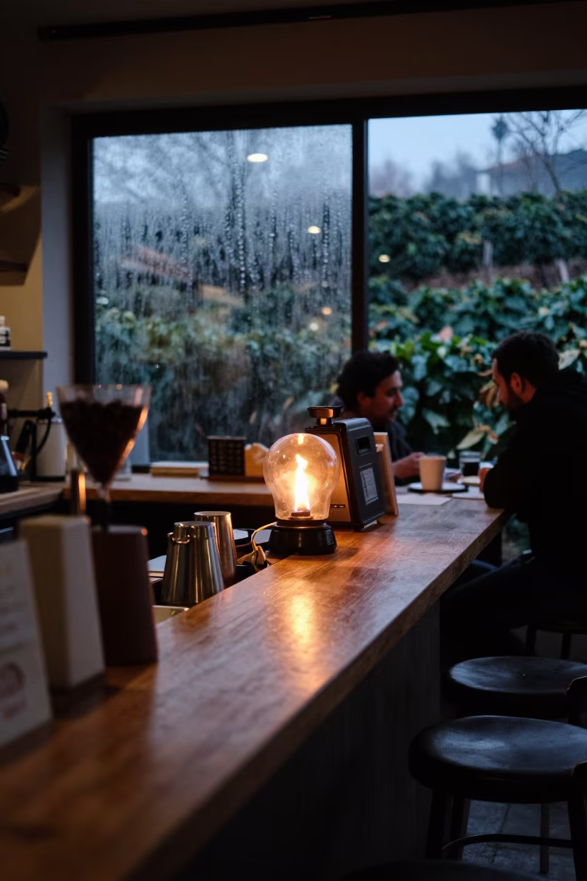 Predawn Coffee Bar Counter Firelight Bursa in at a coffee bar counter in Bursa