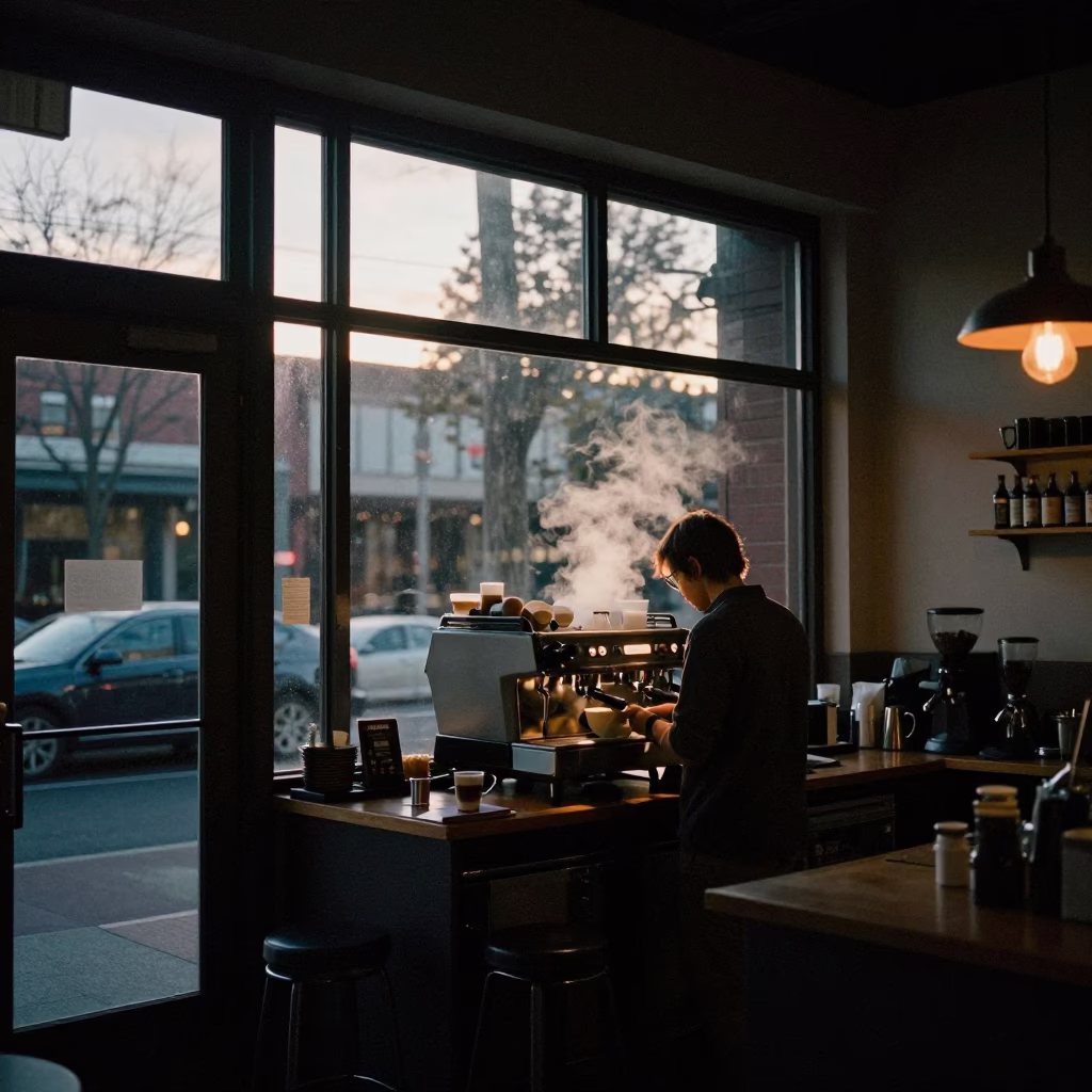 Predawn Coffee Shop Interior in Portland Oregon with Steam and Warm Lighting in in Portland, Oregon, United States