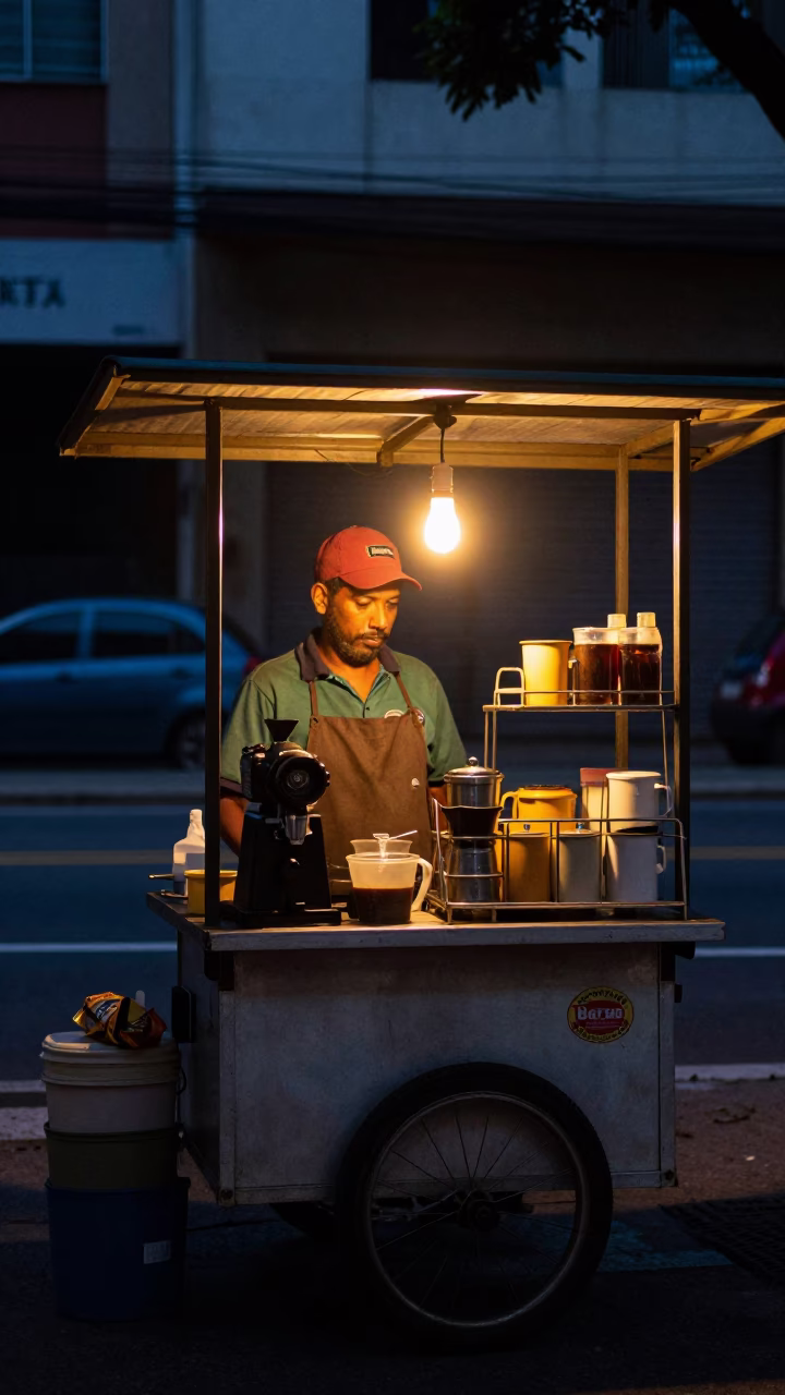 Predawn Coffee Stall in São Paulo Brazil with Grinder and Drying Rack in in São Paulo, Brazil