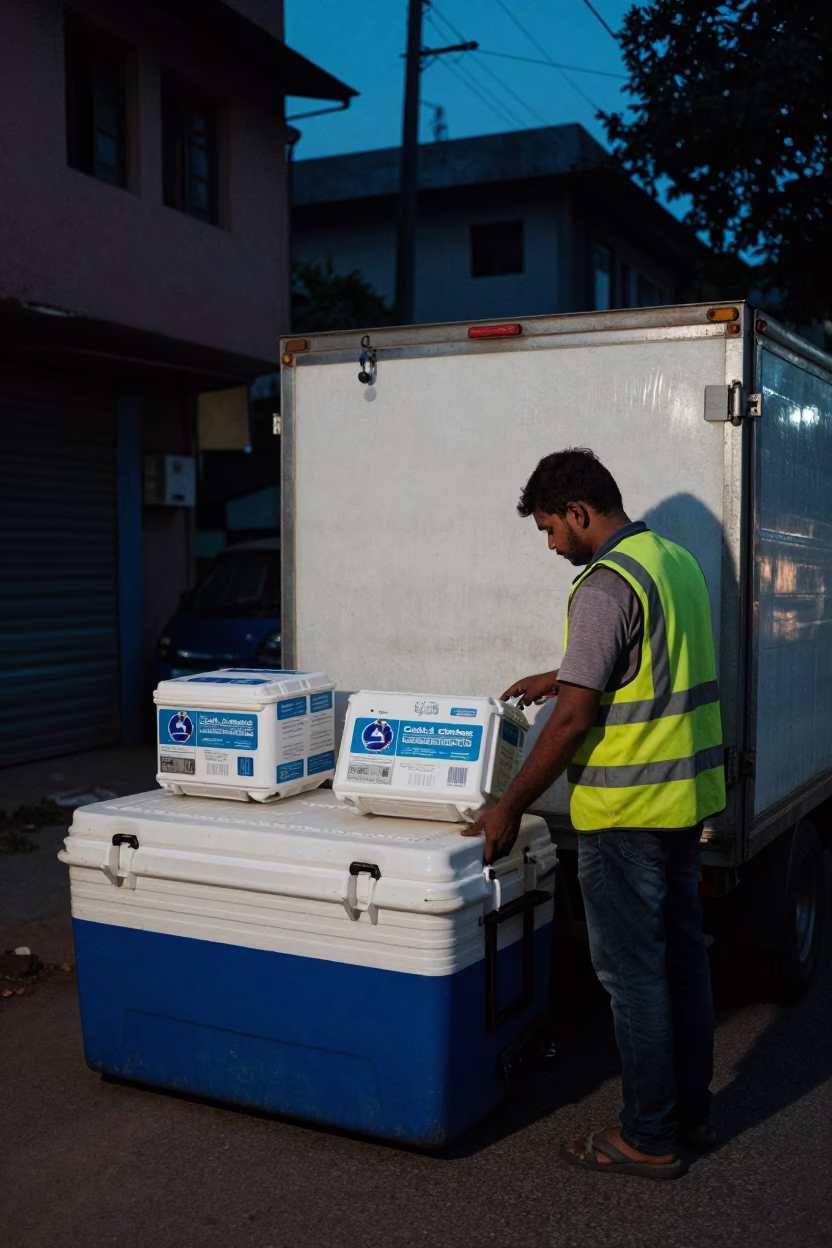 Predawn Cold Chain Logistics Inspection in Kochi India with Insulated Crates in in Kochi, India