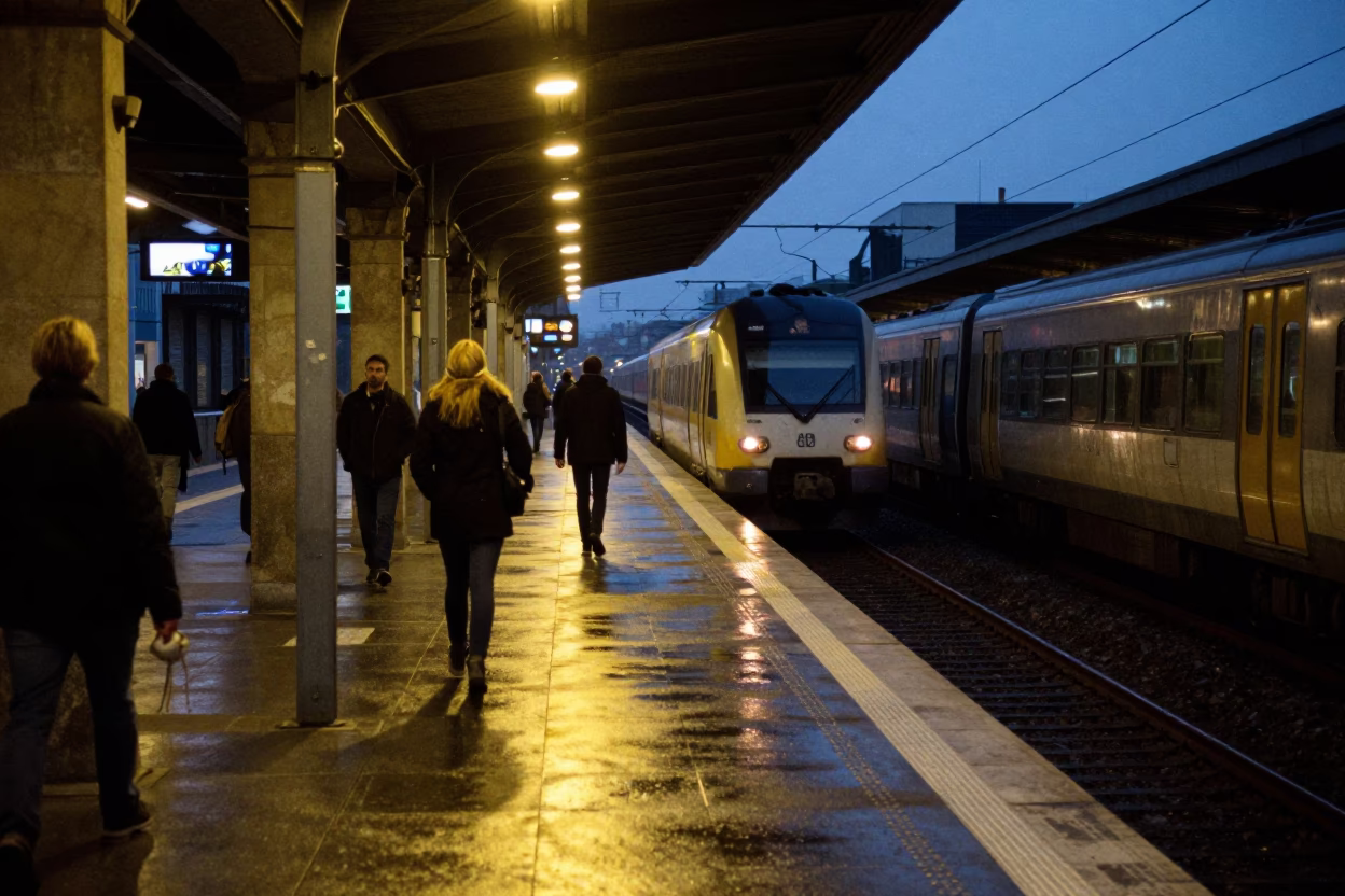 Predawn Commuter Train at Bilbao Station Platform with Morning Travelers in Spain in in Bilbao, Spain