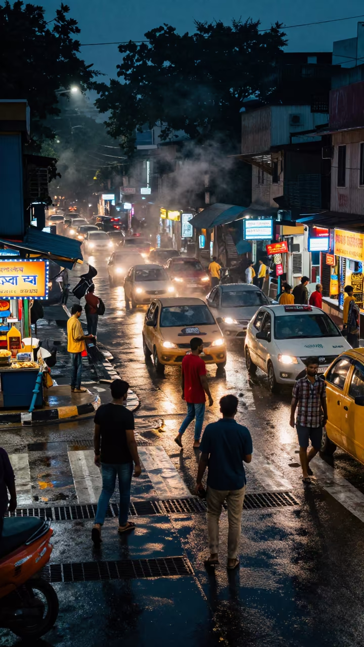 Predawn Commuters Cross Stalled Traffic in Rain in along a market-lined side street in Mira-Bhayandar