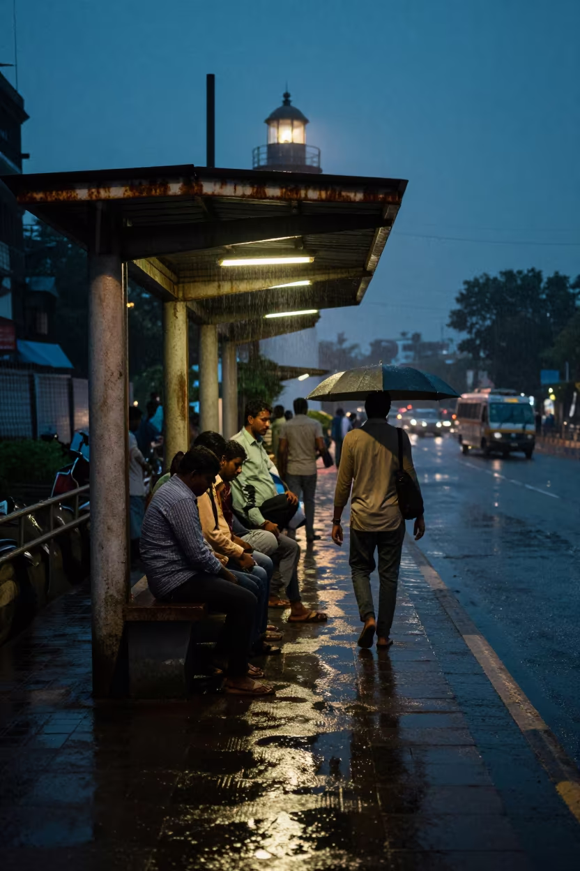 Predawn Commuters Under Junagadh Tram Stop Awning in at a tram stop in Junagadh