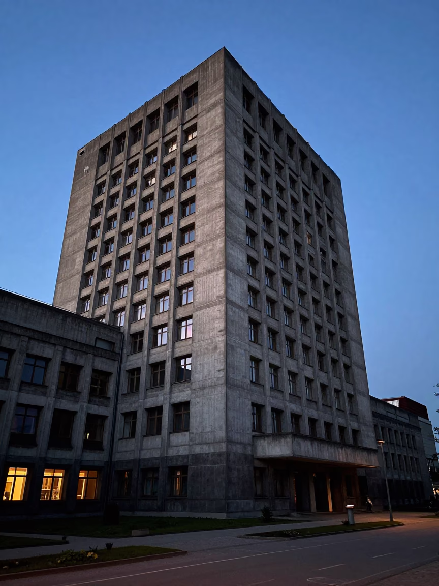 Predawn Concrete Brutalist Architecture in Krakow Poland University Campus Exterior in in Krakow, Poland