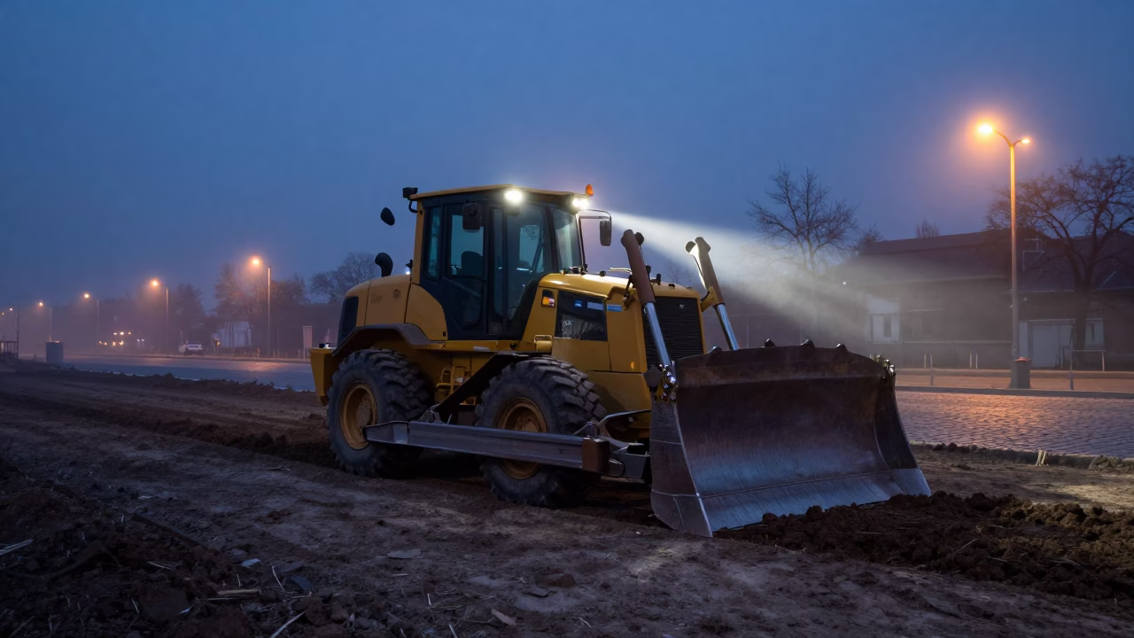 Predawn Construction Activity in Budapest Hungary with Bulldozer in in Budapest, Hungary