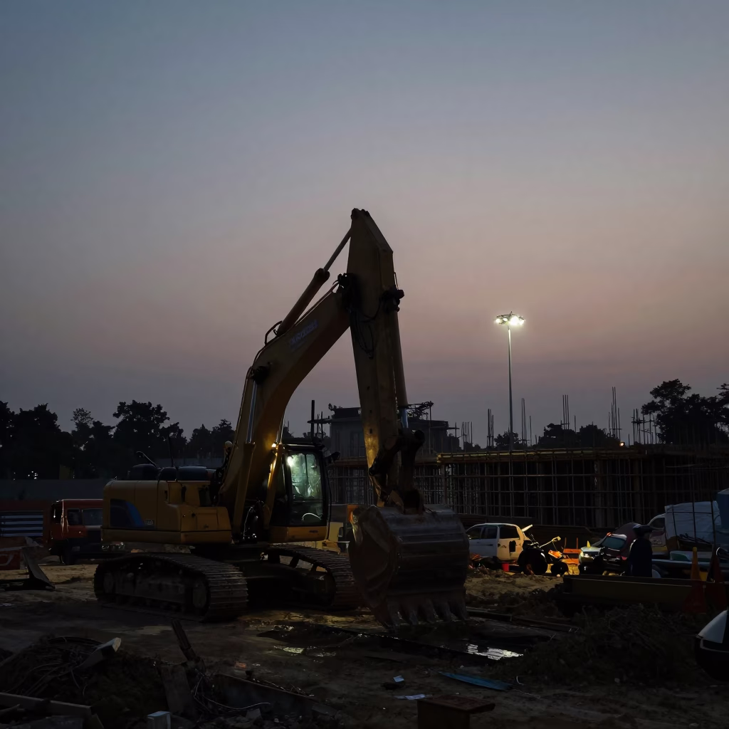 Predawn Construction Activity in Hyderabad India With Pile Driver Machinery in in Hyderabad, India