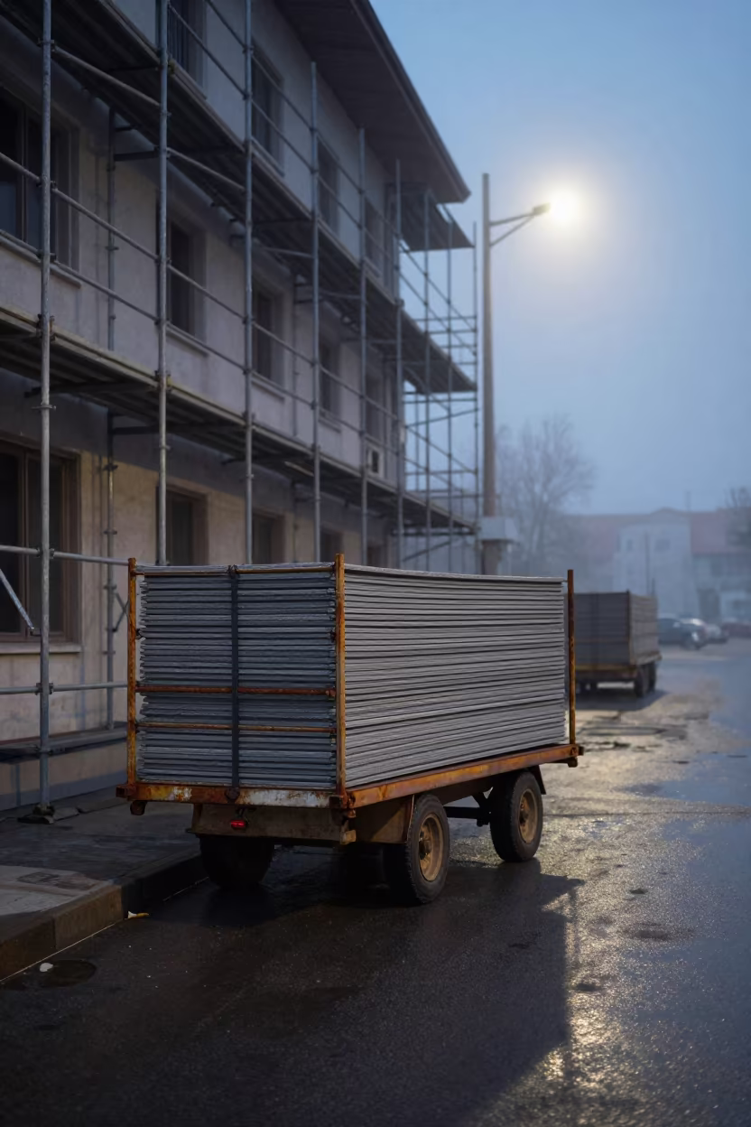 Predawn Construction Cart in Kütahya Fog in along a scaffolded facade in Kütahya