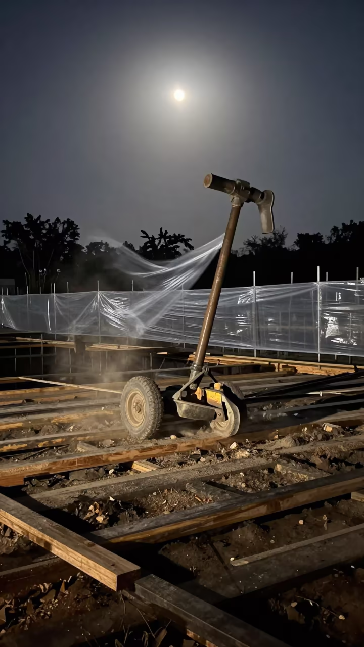 Predawn Construction Jackhammer Cart in Moonlight in on an active construction deck near Larkana