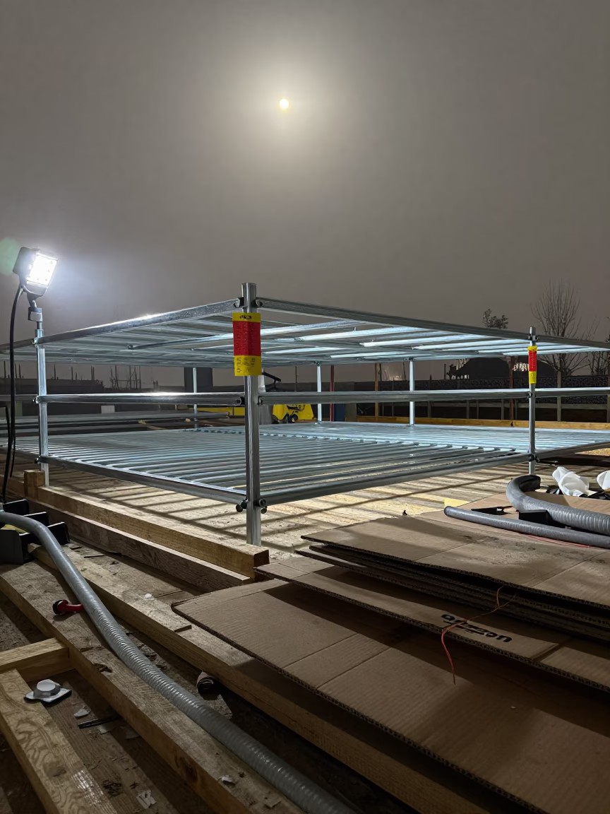 Predawn Construction Rack with Warning Tags in on an active construction deck in the Amazon