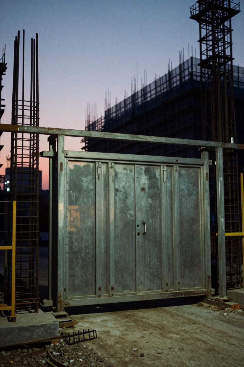Predawn Construction Site in Beijing China with Rebar and Metal Gate in in Beijing, China