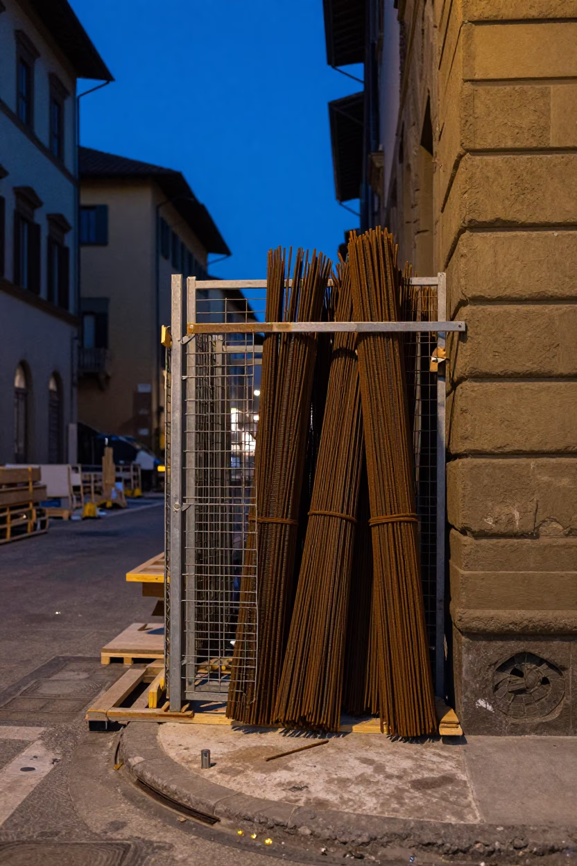 Predawn Construction Site in Florence Italy with Rebar Bundles and Urban Shadows in in Florence, Italy