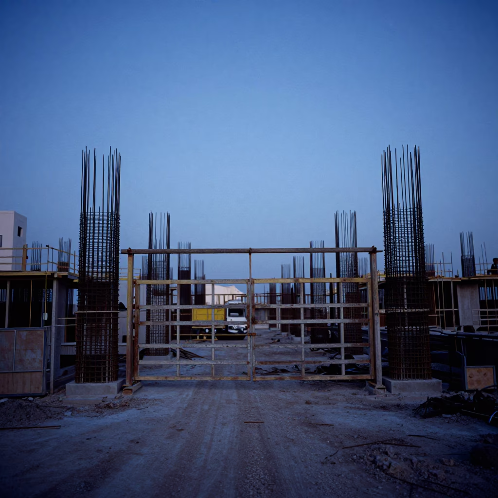 Predawn Construction Site in Muscat Oman With Rebar and Elevator Gate in in Muscat, Oman