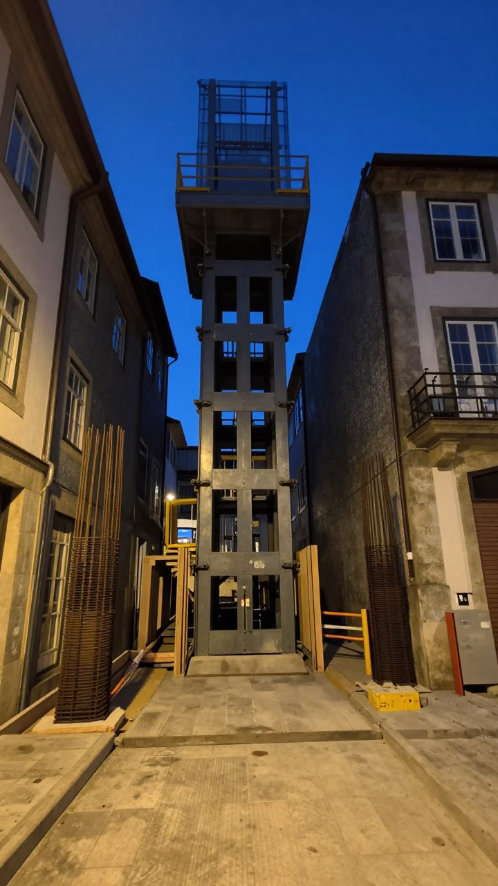 Predawn Construction Site in Porto Portugal with Elevator Gate and Rebar Bundles in in Porto, Portugal