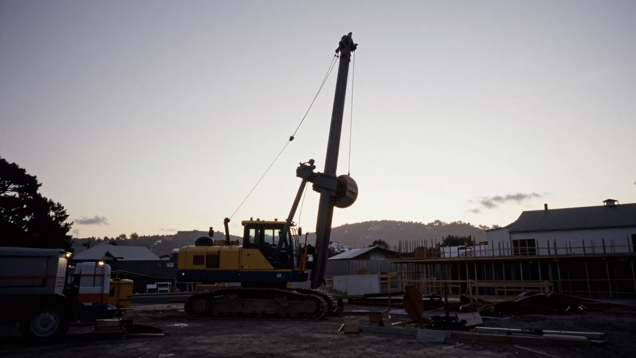 Predawn Construction Site in Wellington New Zealand with Pile Driver and Power Substation in in Wellington, New Zealand