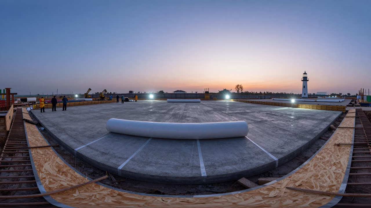 Predawn Construction Vapor Barrier Roll in Ningbo in inside a taped-off excavation edge in Ningbo